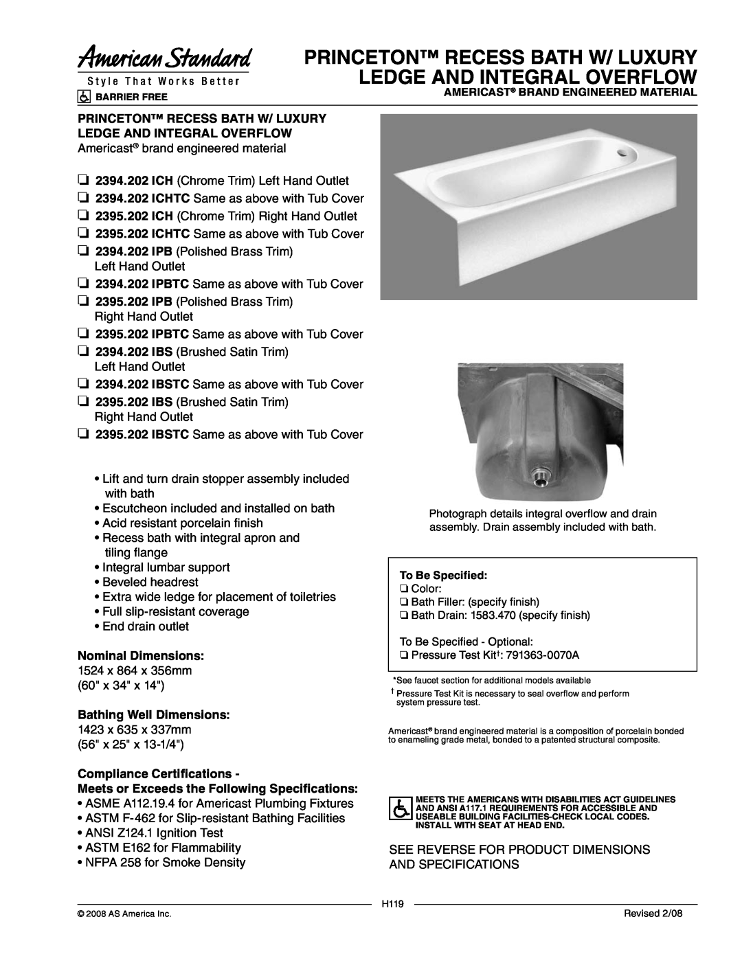 American Standard 2395.202 IBS, 2395.202 IPB dimensions Princeton Recess Bath W/ Luxury Ledge And Integral Overflow 
