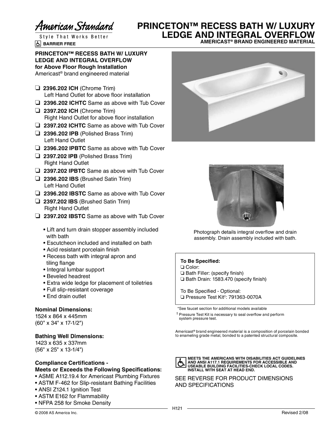 American Standard 2397.202 IPB dimensions Princeton Recess Bath W/ Luxury Ledge and Integral Overflow, Nominal Dimensions 