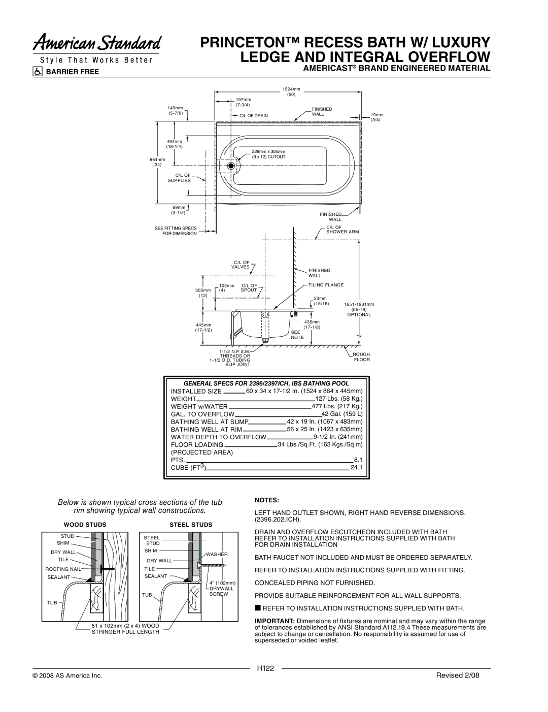 American Standard 2397.202 IBS, 2396.202 ICHTC General Specs for 2396/2397ICH, IBS Bathing Pool, Wood Studs, Steel Studs 