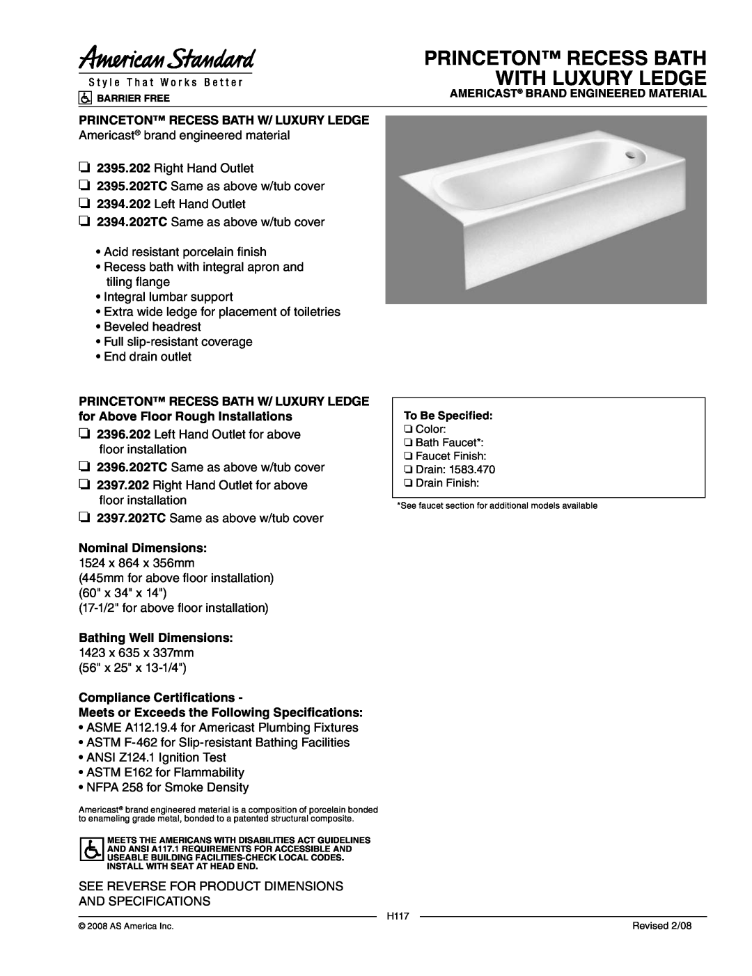 American Standard 2396.202TC, 2397.202, 2395.202TC dimensions Princeton Recess Bath With Luxury Ledge, Nominal Dimensions 