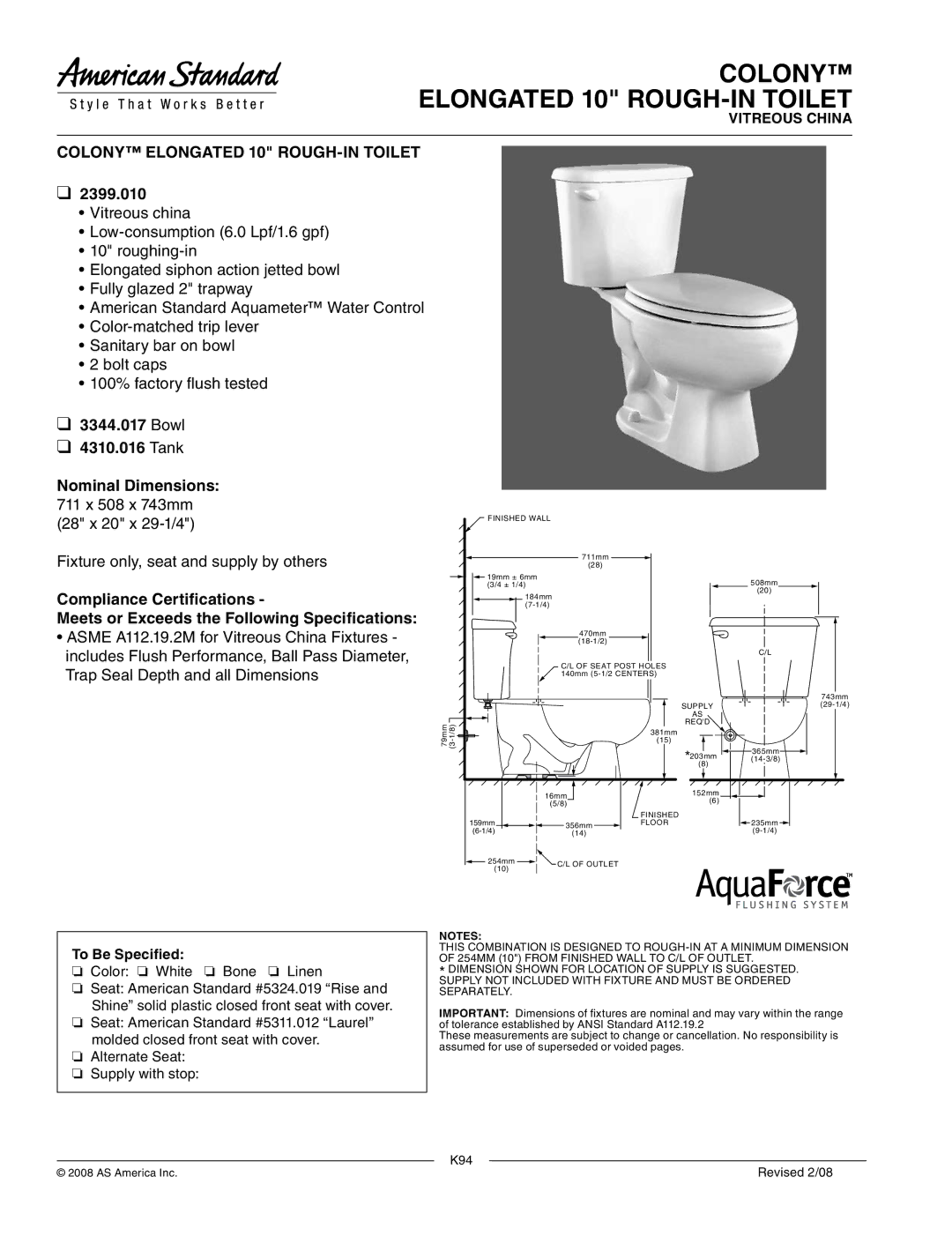 American Standard 2399.010 dimensions Colony Elongated 10 ROUGH-IN Toilet 