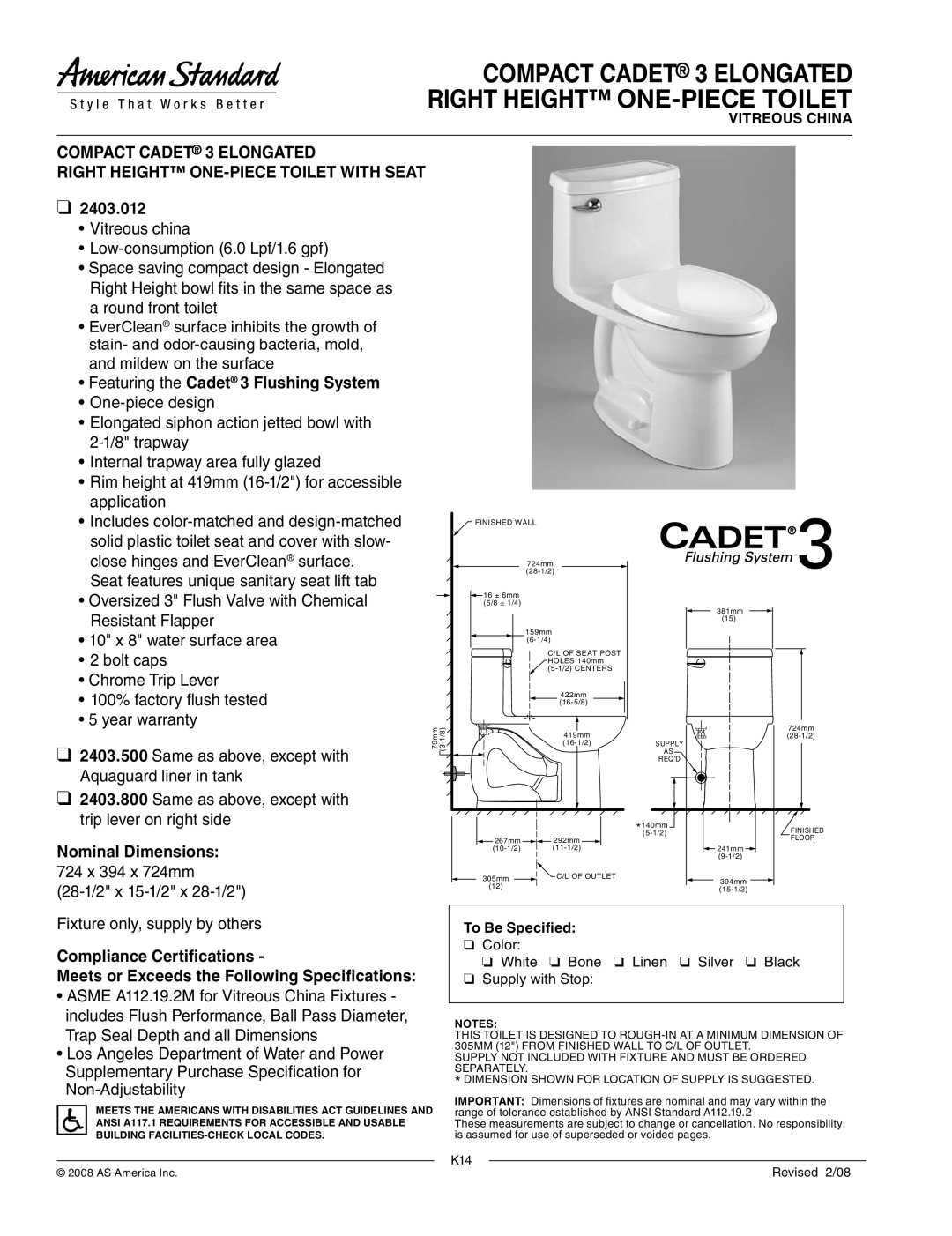 American Standard 2403.800 warranty Compact Cadet 3 Elongated Right Height ONE-PIECE Toilet, 2403.012, Nominal Dimensions 