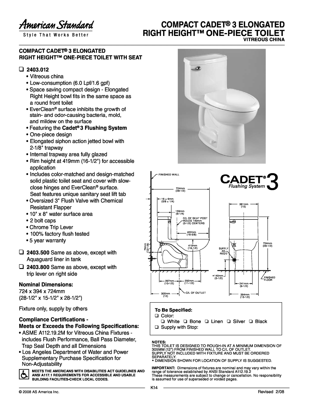 American Standard 2403.800, 2403.500 warranty COMPACT CADET 3 ELONGATED, Right Height One-Piecetoilet, Nominal Dimensions 