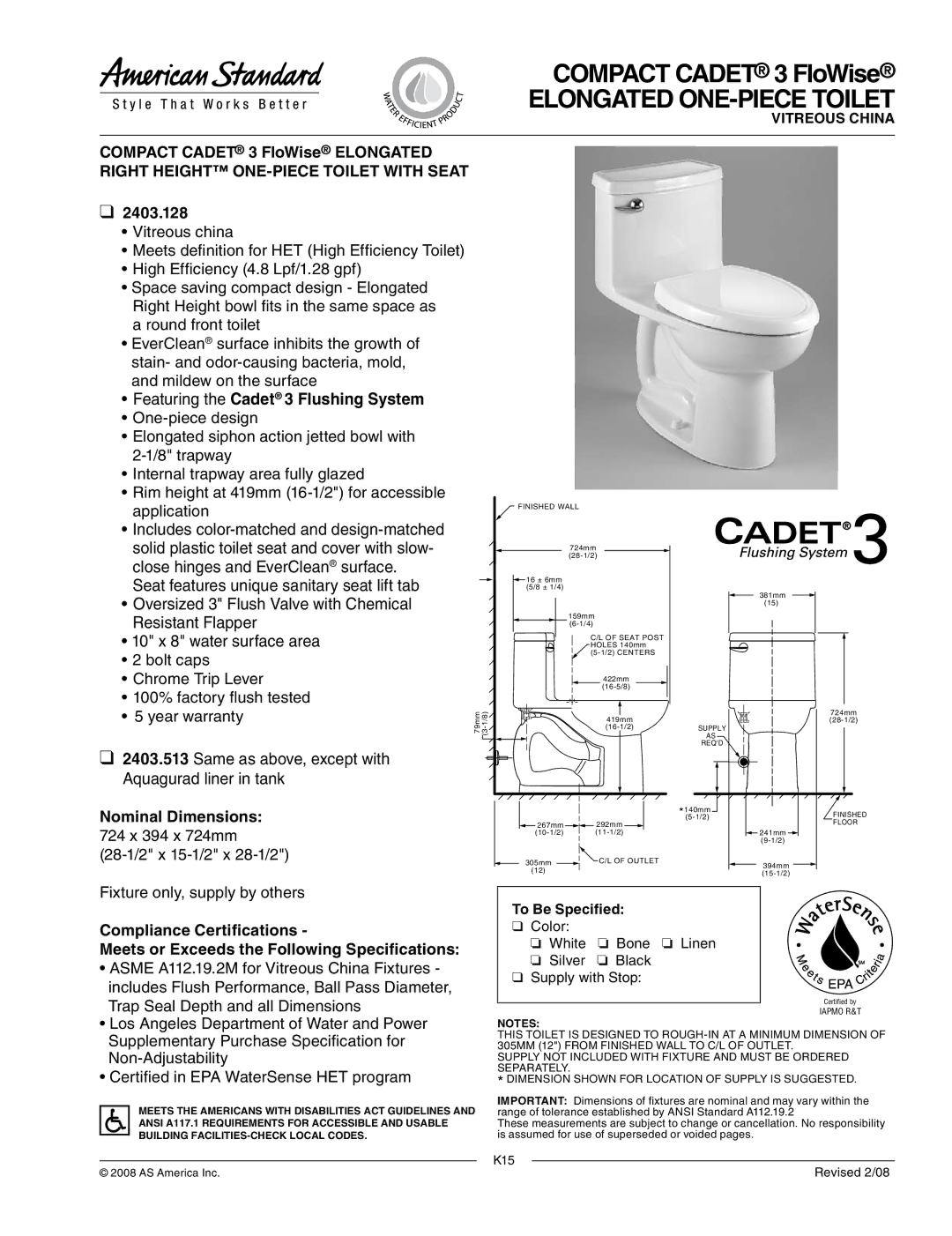 American Standard 2403.128, 2403.513 warranty Elongated ONE-PIECE Toilet, Featuring the Cadet 3 Flushing System 