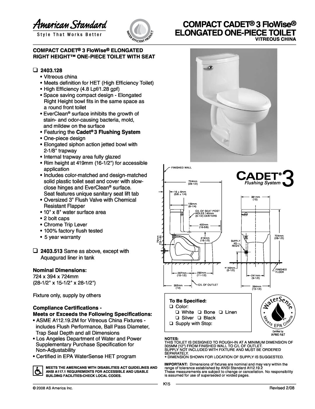 American Standard 2403.128 warranty COMPACT CADET 3 FloWise ELONGATED ONE-PIECETOILET, close hinges and EverClean surface 