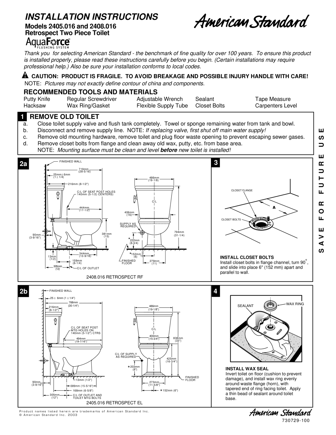 American Standard 2405.016, 2408.016 installation instructions Recommended Tools and Materials, Remove OLD Toilet, S E 