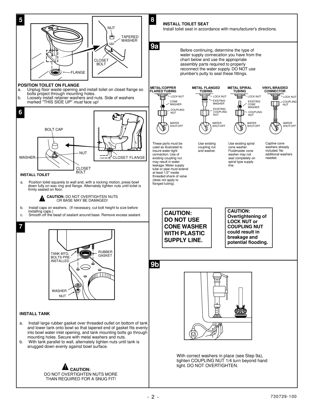 American Standard 2408.016, 2405.016 installation instructions Install Toilet Seat, Position Toilet on Flange, Install Tank 