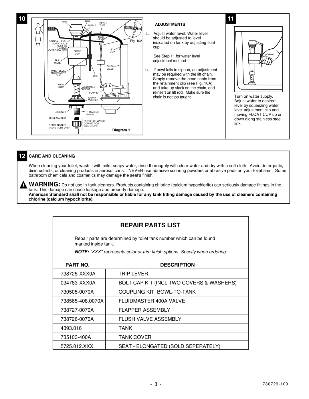 American Standard 2405.016, 2408.016 installation instructions Repair Parts List, Adjustments, Care and Cleaning 