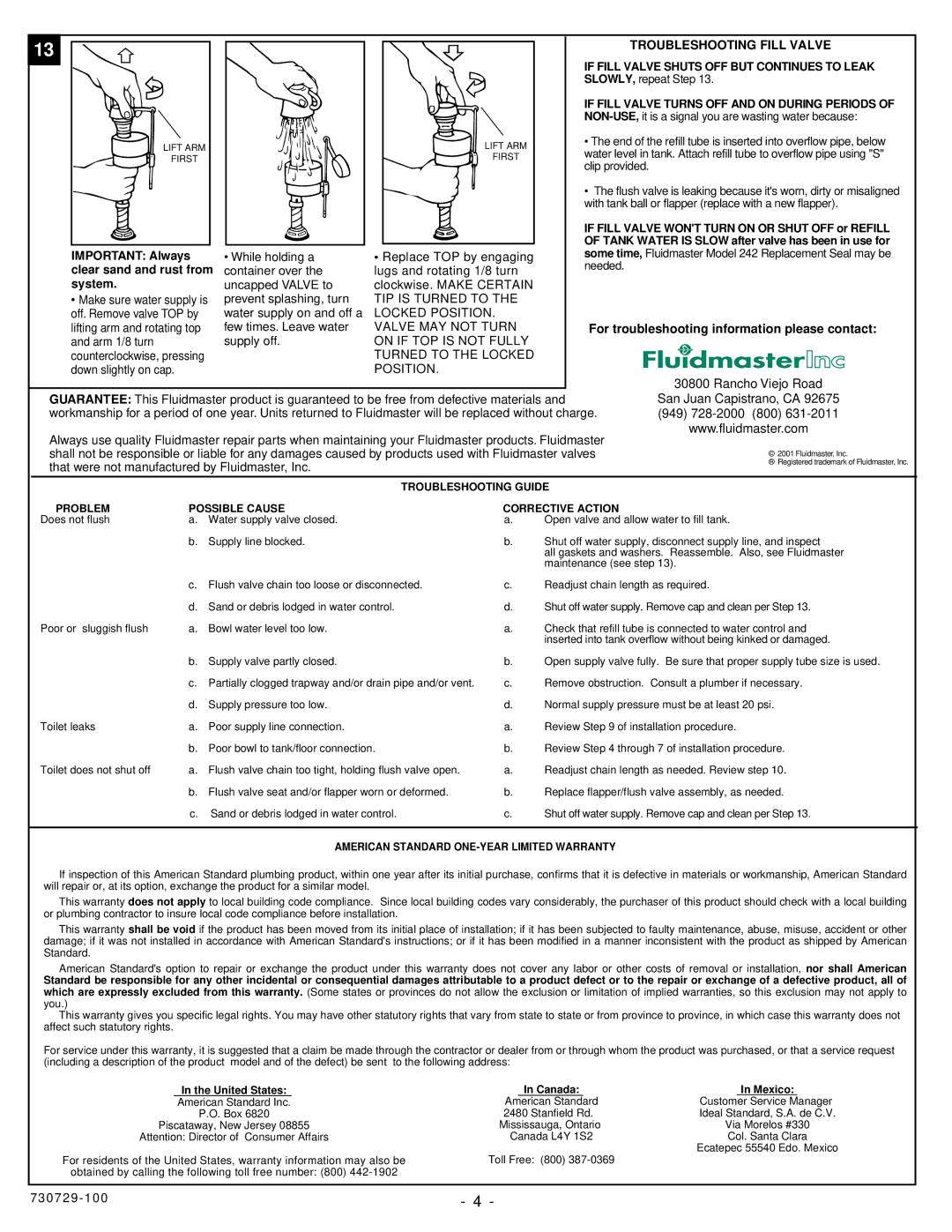 American Standard 2408.016, 2405.016 Troubleshooting Fill Valve, American Standard ONE-YEAR Limited Warranty 