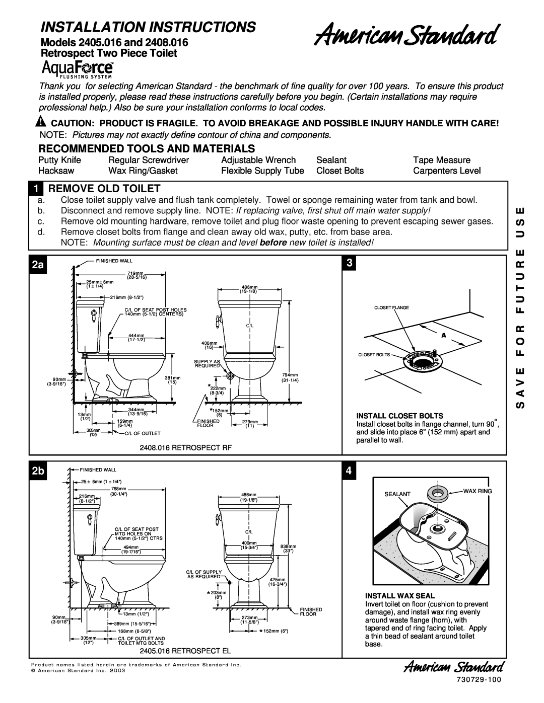 American Standard installation instructions Models 2405.016 and Retrospect Two Piece Toilet, 1REMOVE OLD TOILET 