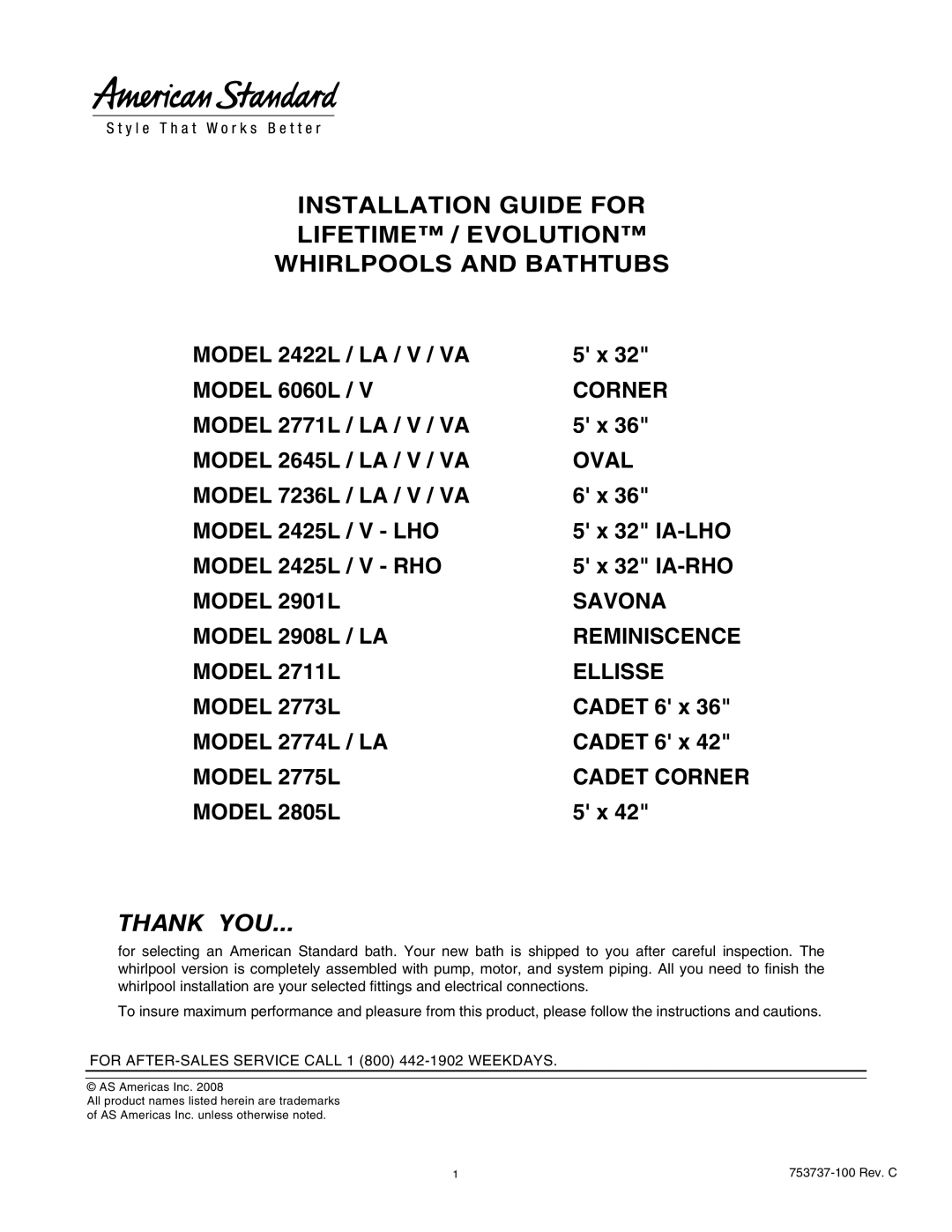 American Standard 2422LA, 2645LA, 2422VA, 2771V, 2771LA, 2645VA, 6060V manual Thank YOU 