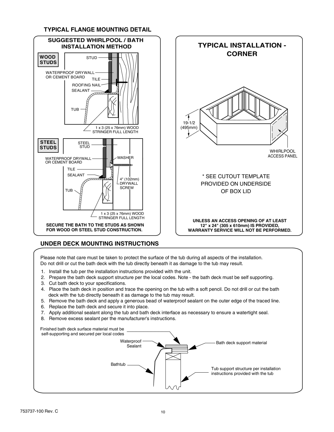 American Standard 2422LA, 2645LA, 2422VA, 2771V, 2771LA Typical Flange Mounting Detail, Under Deck Mounting Instructions 