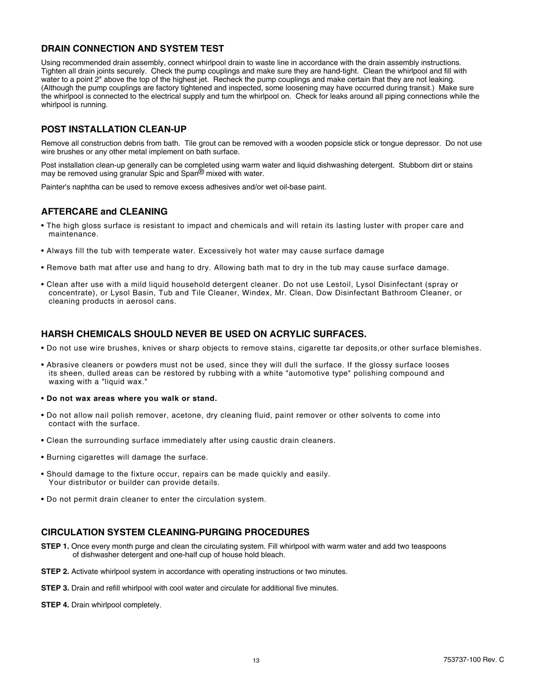 American Standard 2771V, 2422LA, 2645LA, 2422VA, 2771LA, 6060V Drain Connection and System Test, Post Installation CLEAN-UP 