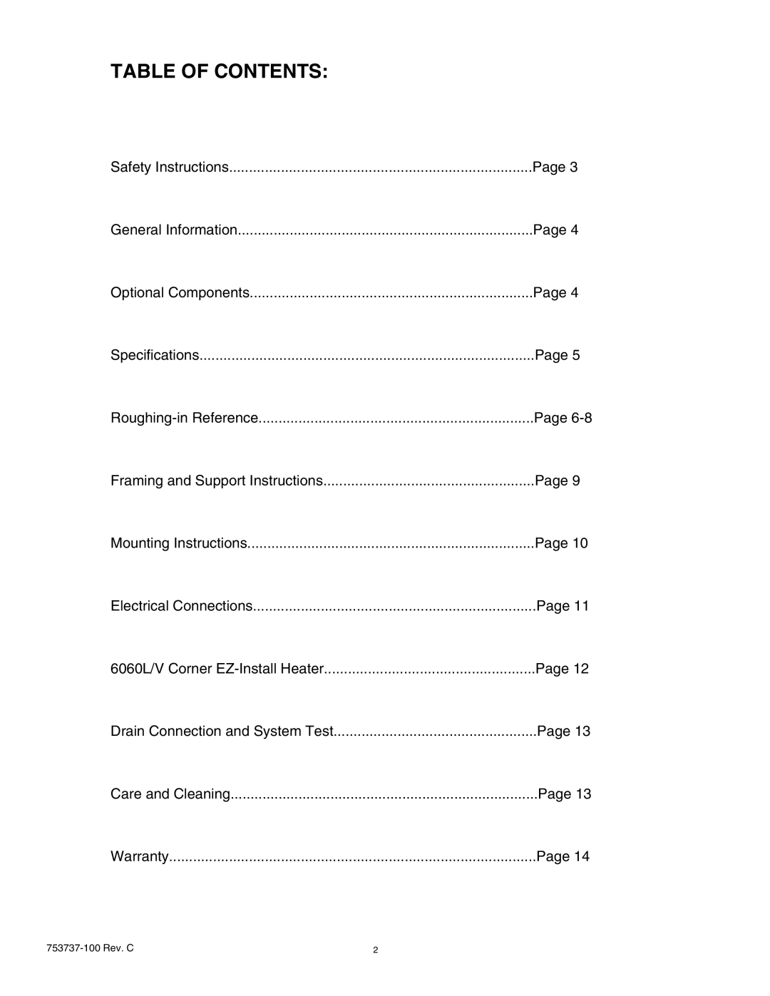 American Standard 2645LA, 2422LA, 2422VA, 2771V, 2771LA, 2645VA, 6060V manual Table of Contents 