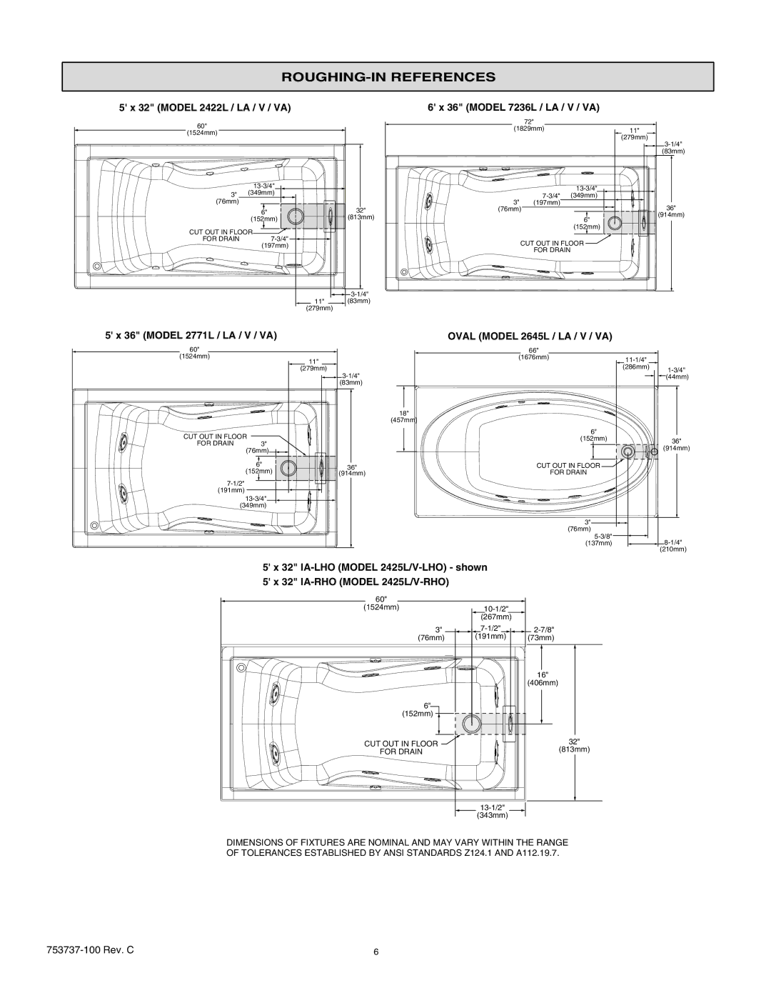 American Standard 2771L, 2422LA, 2645LA ROUGHING-IN References, Model 2422L / LA / V / VA, Model 7236L / LA / V / VA 