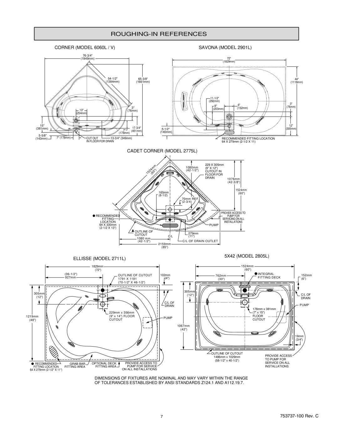 American Standard 2645VA, 2422LA Corner Model 6060L, Savona Model 2901L, Cadet Corner Model 2775L, Ellisse Model 2711L 