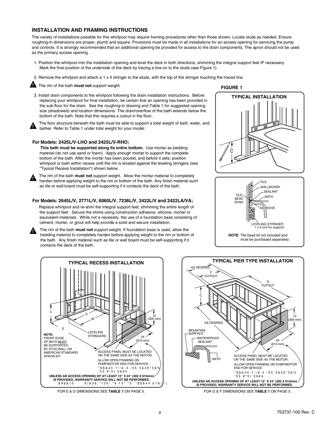 American Standard 2422LA, 2645LA, 2422VA Installation and Framing Instructions, For Models 2425L/V-LHO and 2425L/V-RHO 