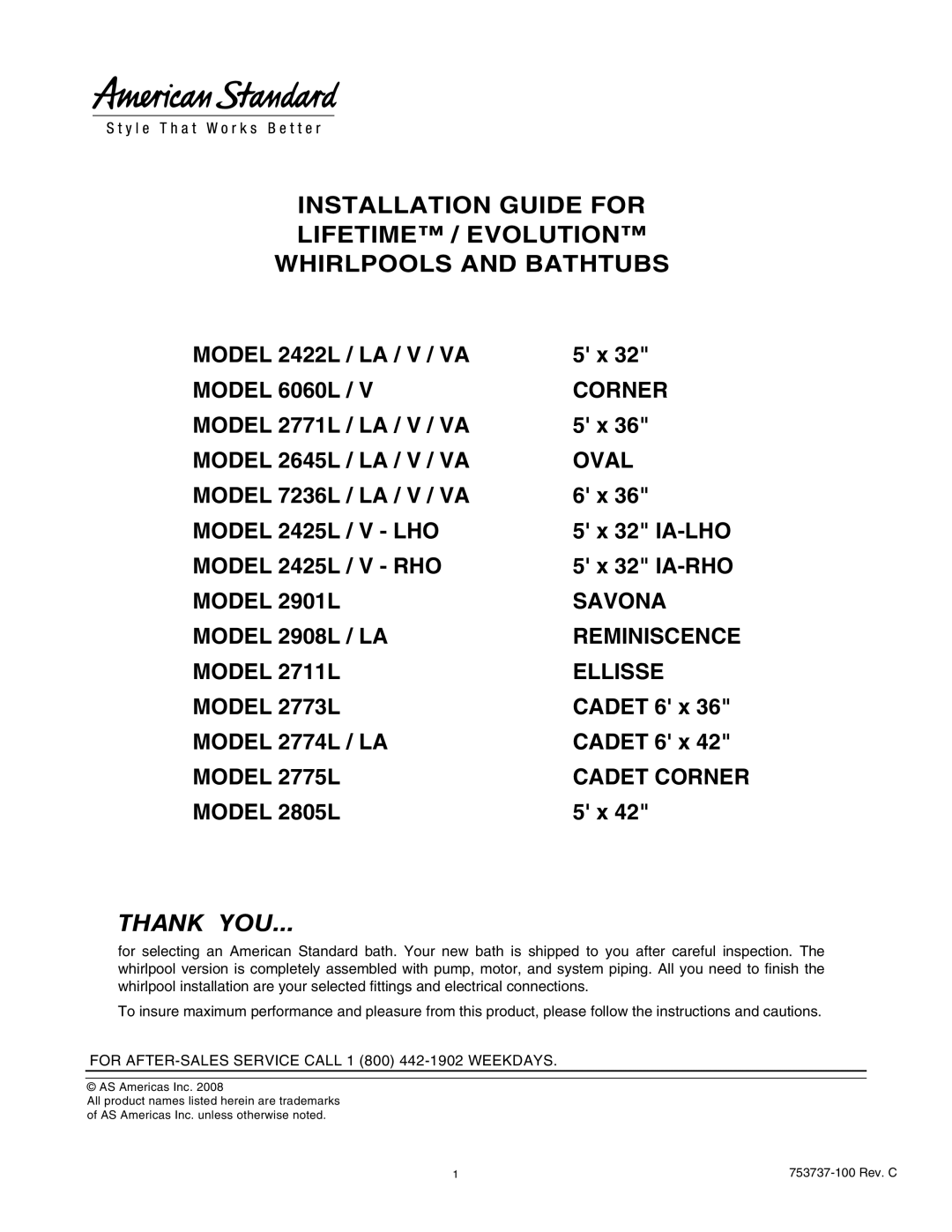 American Standard 2645L, 2422LA manual Installation Guide For Lifetime / Evolution Whirlpools And Bathtubs, Thank You 