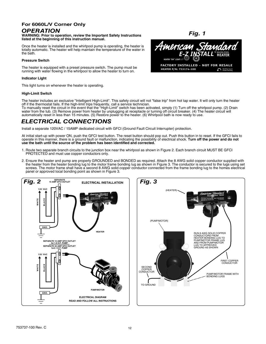 American Standard 2422VA, 2422LA, 2645L E-Z Install, Operation, Electrical Connections, Pressure Switch, Indicator Light 