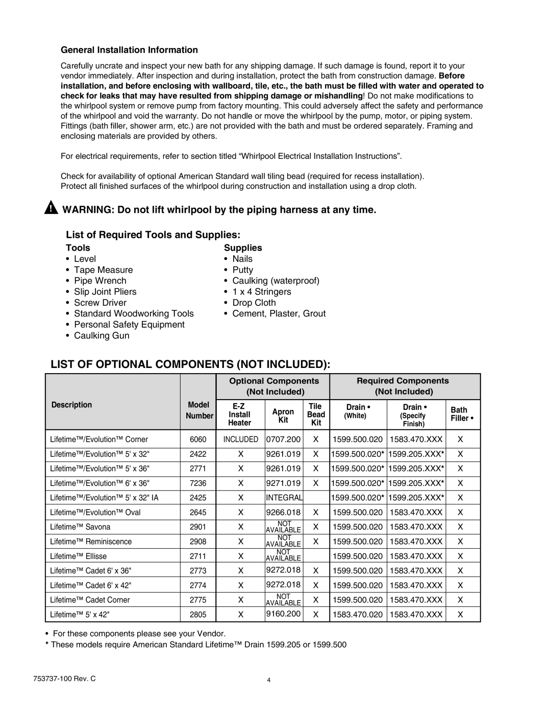 American Standard 2805L, 2422L/LA/V/VA, 2774L/LA, 2773L List of Optional Components not Included, Bead White Specify, Finish 