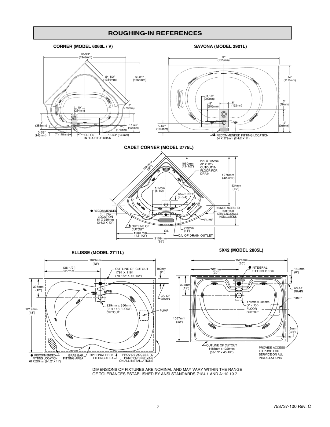 American Standard 2422L/LA/V/VA Corner Model 6060L, Savona Model 2901L, Cadet Corner Model 2775L, Ellisse Model 2711L 