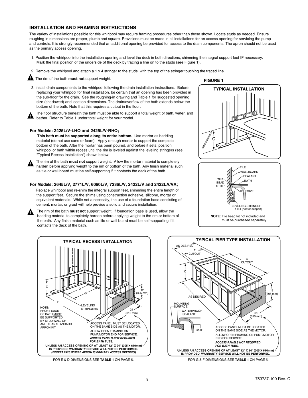 American Standard 2425L/V - LHO, 2774L/LA Installation and Framing Instructions, For Models 2425L/V-LHO and 2425L/V-RHO 