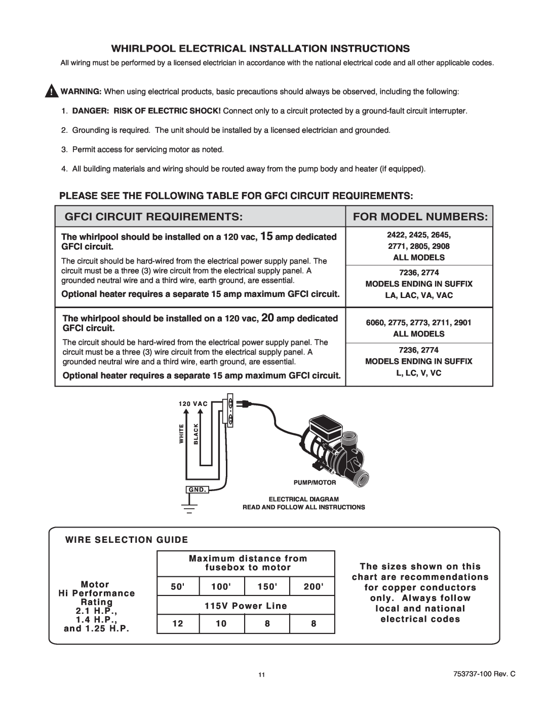 American Standard 7236L manual Gfci Circuit Requirements, For Model Numbers, Whirlpool Electrical Installation Instructions 