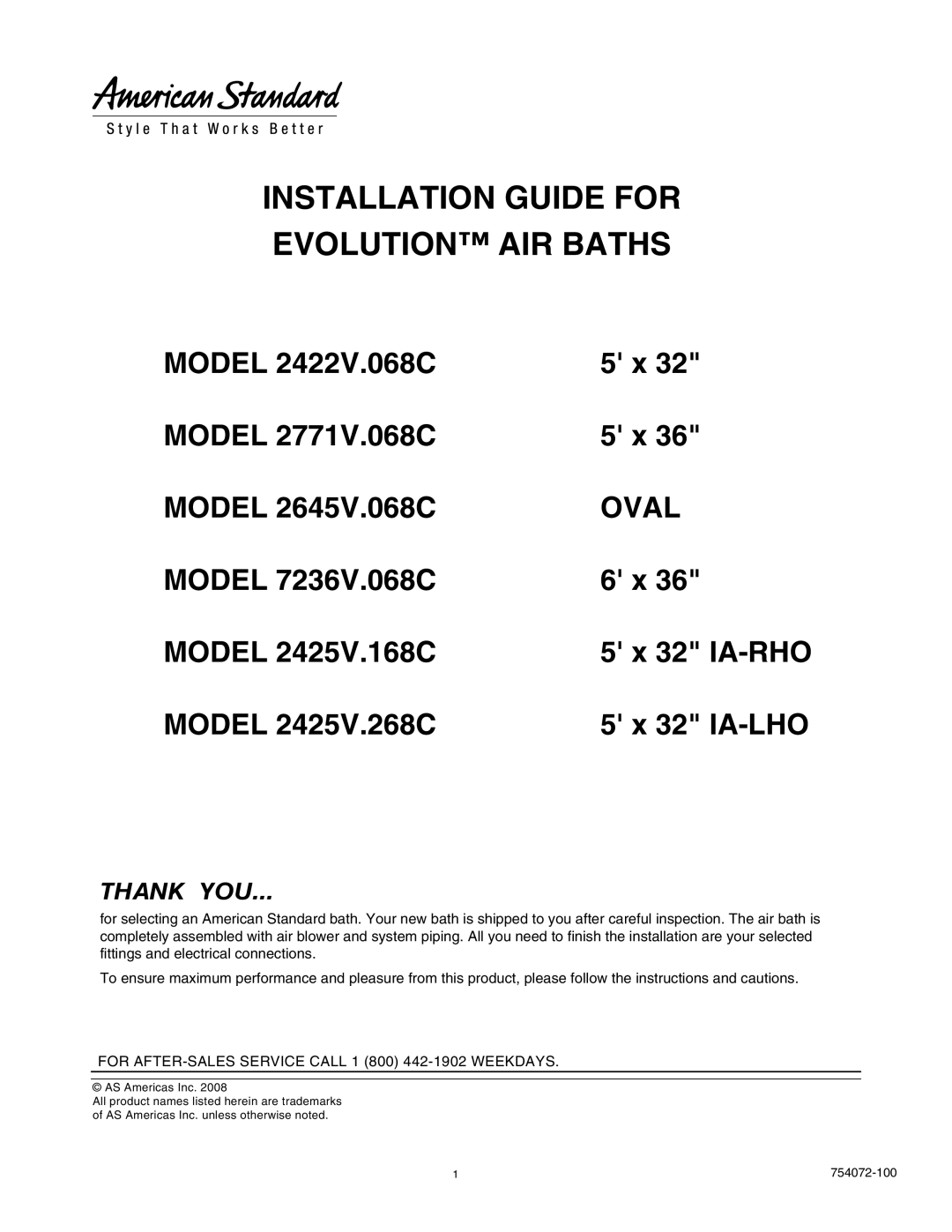 American Standard 2425V.268C, 2422V.068C, 2425V.168C, 2771V.068C manual Installation Guide for Evolution AIR Baths 