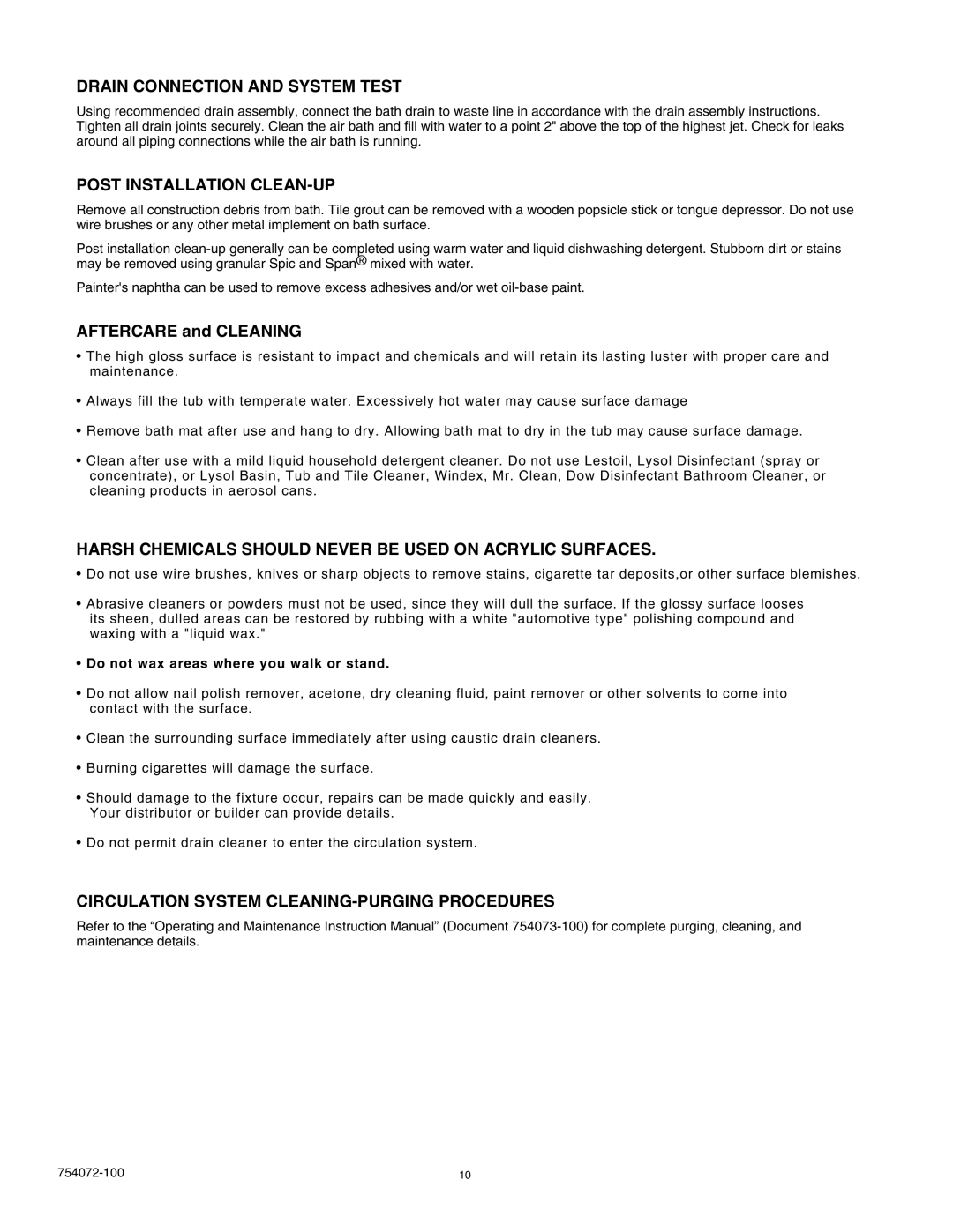 American Standard 2645V.068C, 2422V.068C, 2425V.268C manual Drain Connection and System Test, Post Installation CLEAN-UP 