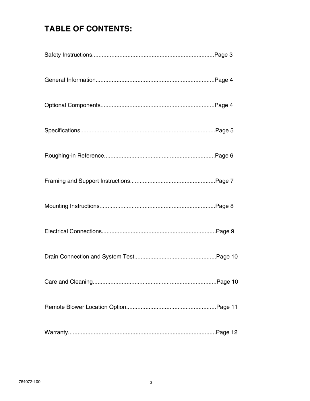 American Standard 2425V.168C, 2422V.068C, 2425V.268C, 2771V.068C, 2645V.068C, 7236V.068C manual Table of Contents 