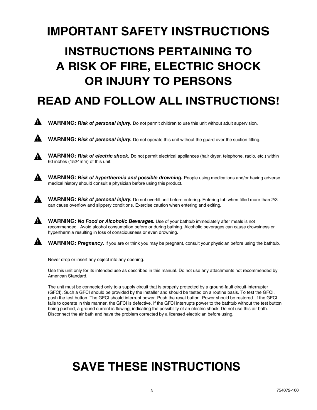 American Standard 2771V.068C, 2422V.068C, 2425V.268C, 2425V.168C, 2645V.068C, 7236V.068C manual Important Safety Instructions 