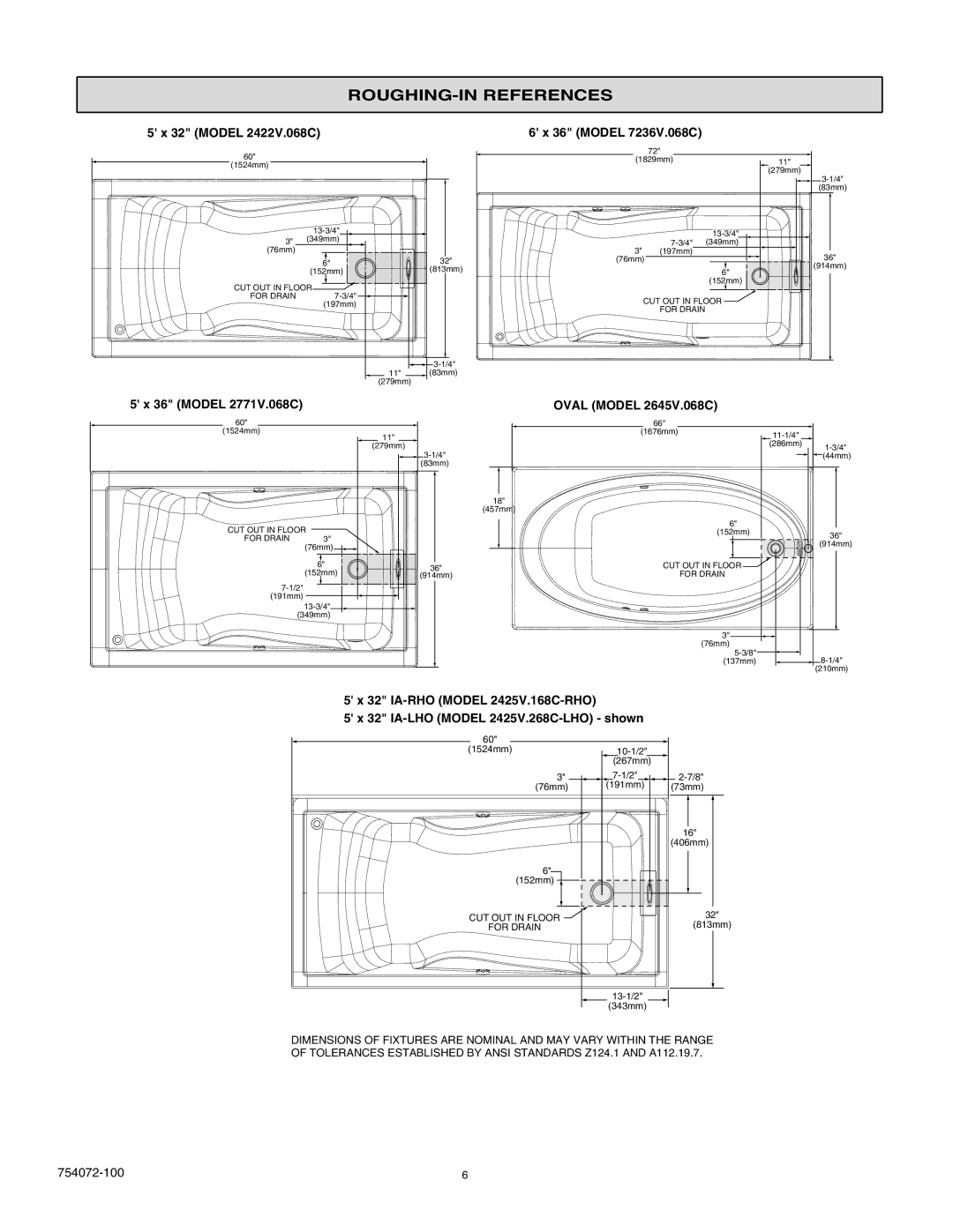 American Standard ROUGHING-IN References, Model 2422V.068C, Model 2771V.068C, Model 7236V.068C, Oval Model 2645V.068C 