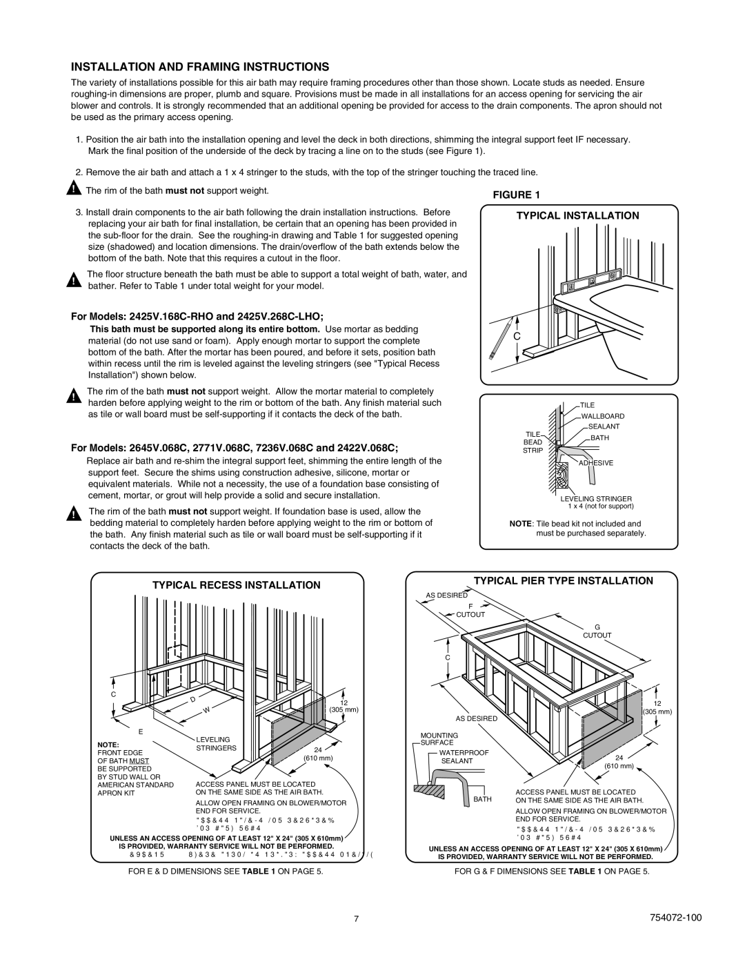 American Standard 2422V.068C manual Installation and Framing Instructions, For Models 2425V.168C-RHO and 2425V.268C-LHO 