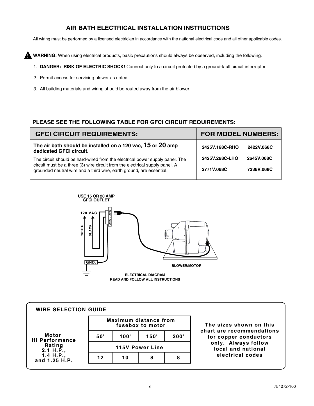 American Standard 2771V.068C, 2422V.068C, 2425V.268C AIR Bath Electrical Installation Instructions, Wire Selection Guide 