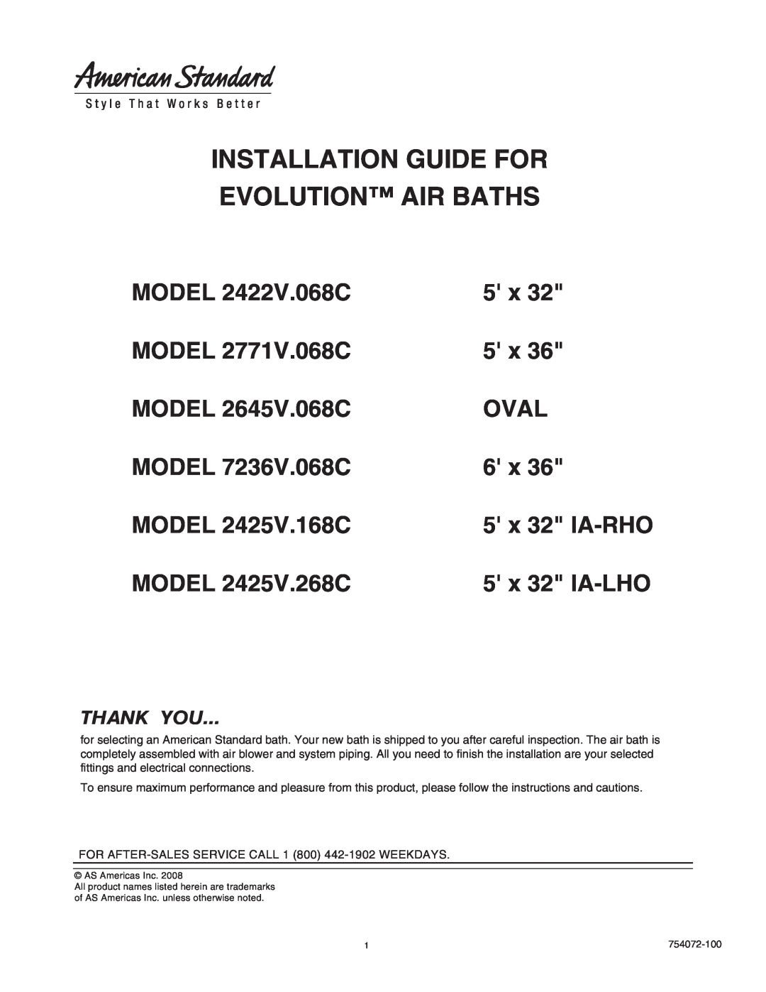American Standard 2425V.268C, 2422V.068C, 2425V.168C, 2771V.068C manual Installation Guide For Evolution Air Baths 