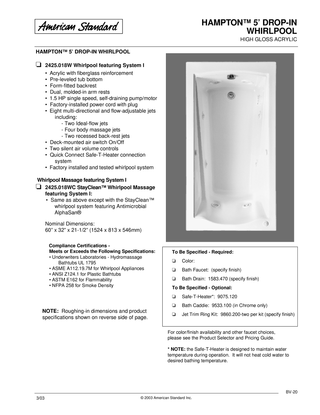 American Standard 2425.018WC dimensions Hampton 5’ DROP-IN Whirlpool, 2425.018W Whirlpool featuring System 