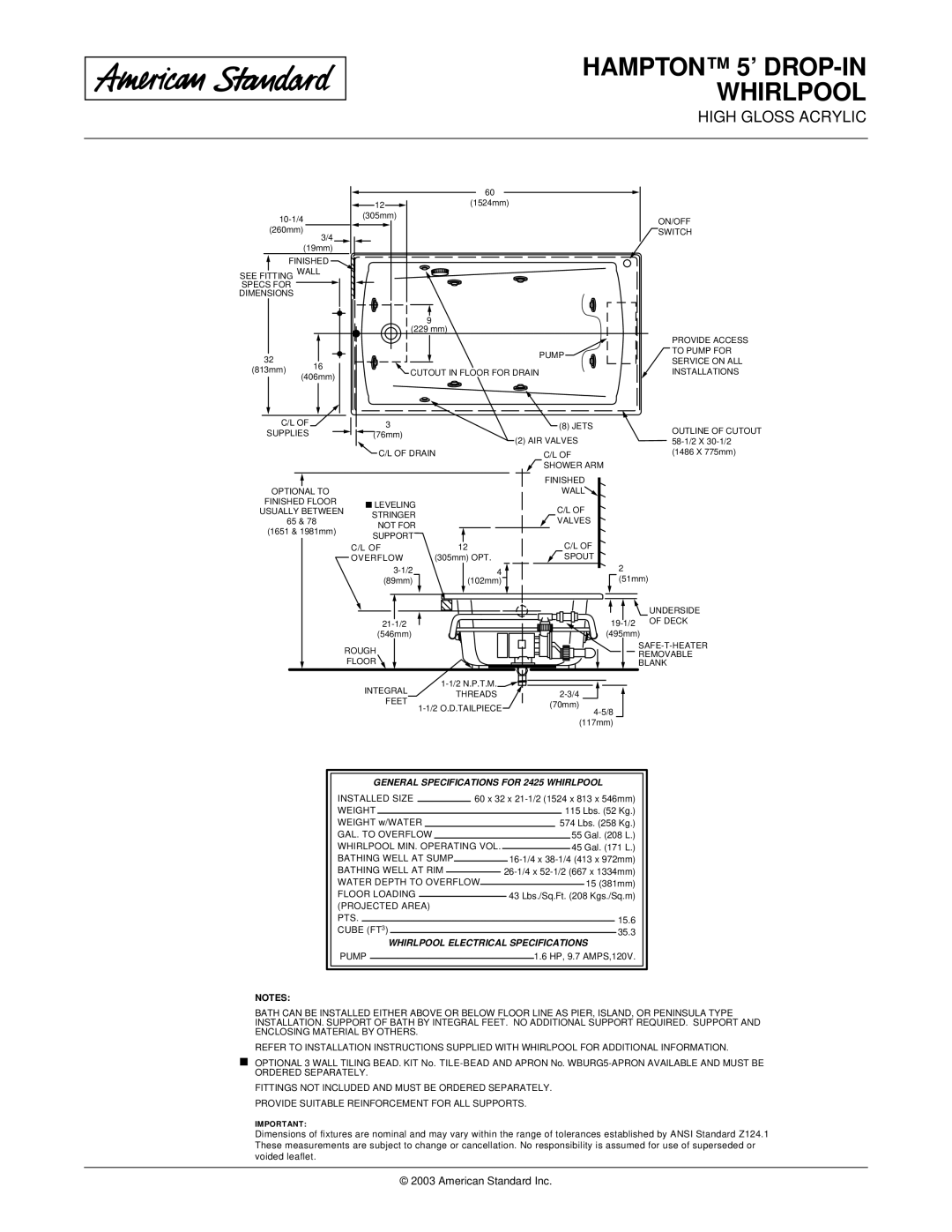 American Standard 2425.018WC dimensions General Specifications for 2425 Whirlpool, Whirlpool Electrical Specifications 