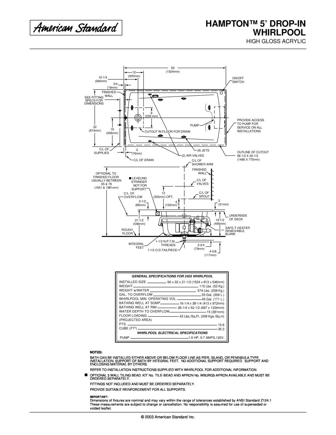 American Standard 2425.018WC HAMPTON 5’ DROP-IN WHIRLPOOL, American Standard Inc, Whirlpool Electrical Specifications 