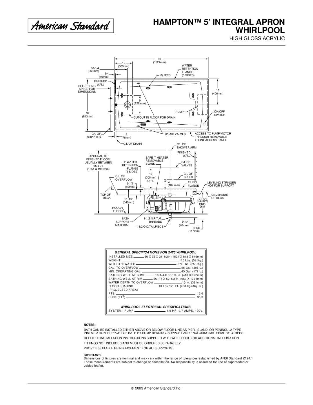 American Standard 2425.118WC, 2425.218WC General Specifications for 2425 Whirlpool, Whirlpool Electrical Specifications 