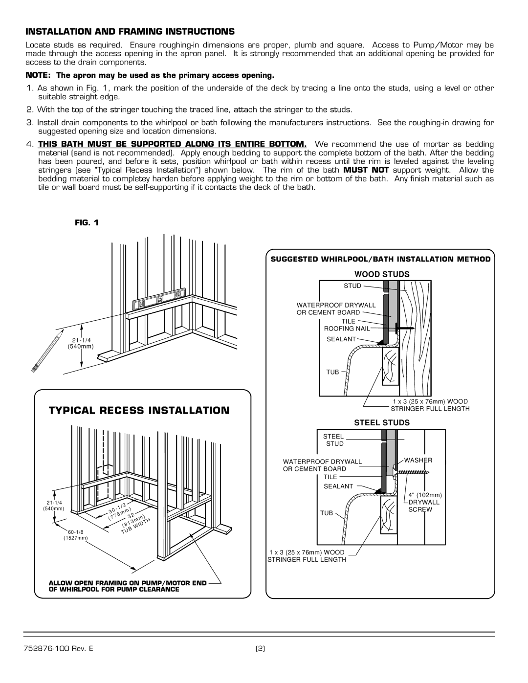 American Standard 2425E-LHO, 2425E-RHO Typical Recess Installation, Installation and Framing Instructions 