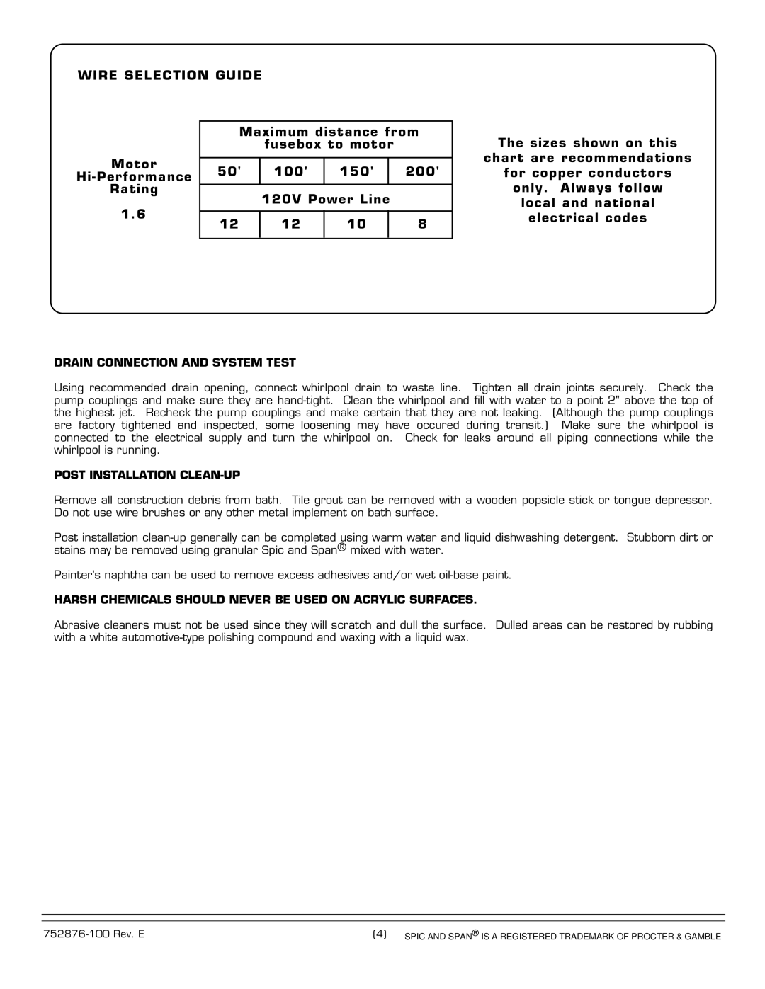 American Standard 2425E-LHO, 2425E-RHO Wire Selection Guide, Drain Connection and System Test, Post Installation CLEAN-UP 