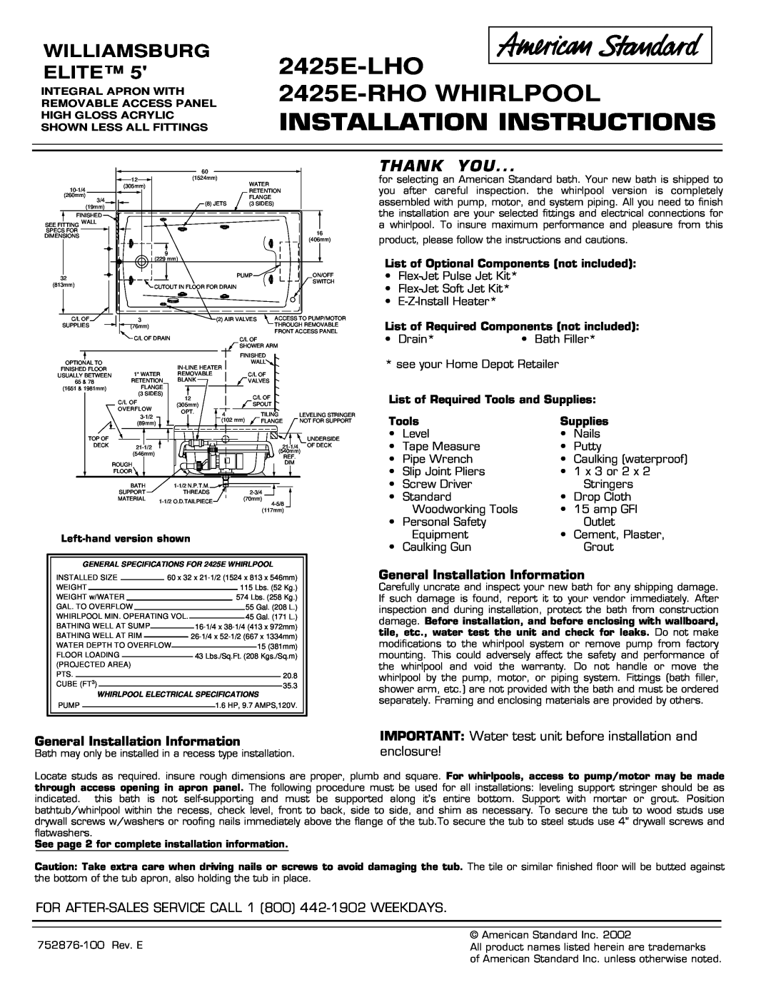 American Standard 2425E-RHO installation instructions General Installation Information, enclosure, Tools, Supplies 