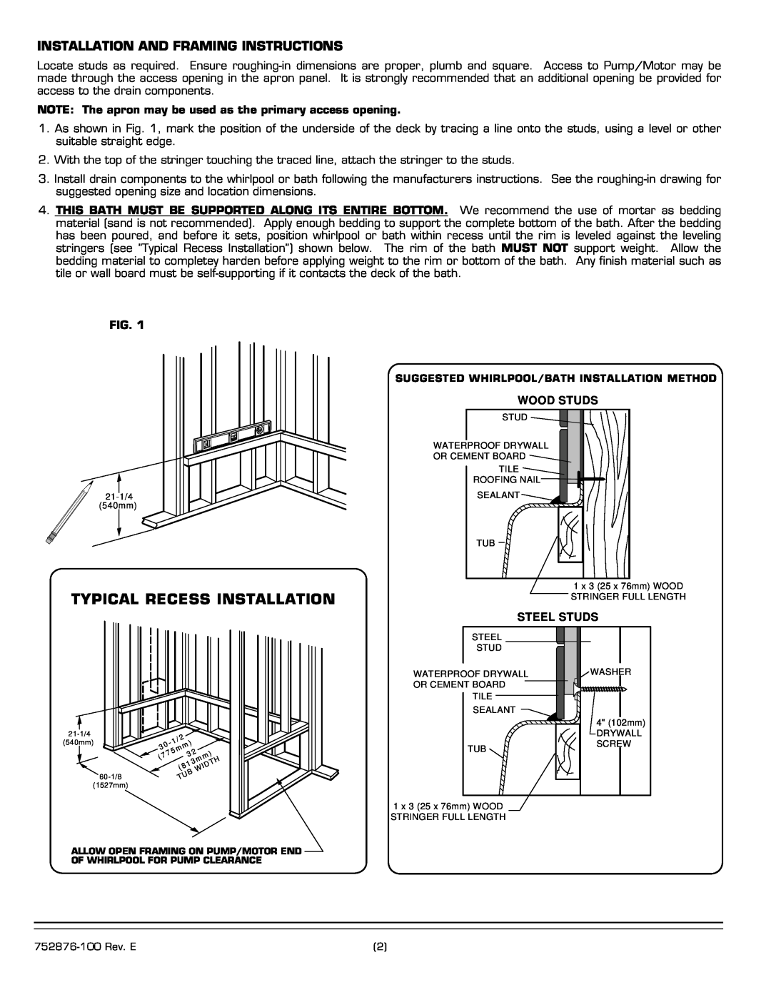 American Standard 2425E-LHO Installation And Framing Instructions, Wood Studs, Steel Studs, Typical Recess Installation 