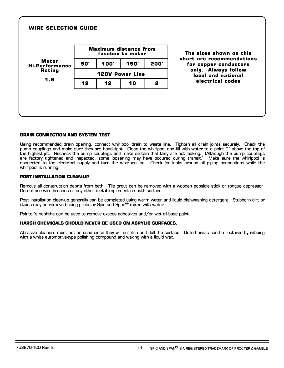 American Standard 2425E-LHO Wire Selection Guide, Maximum distance from, fusebox to motor, Motor, Hi-Performance, Rating 
