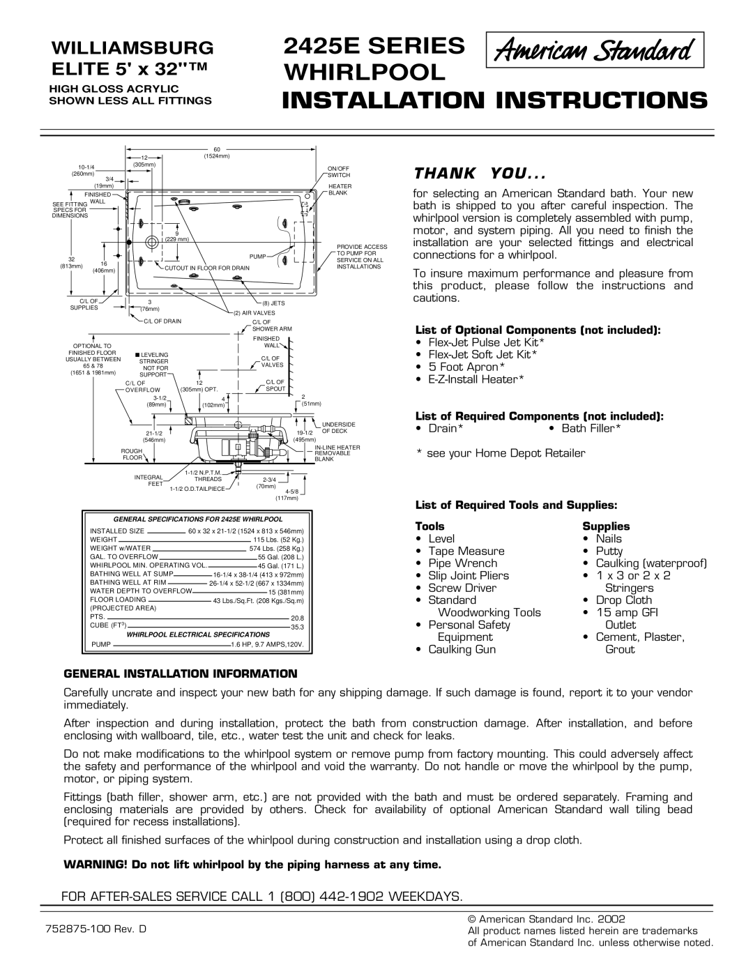 American Standard 2425E SERIES installation instructions 2425E Series Whirlpool Installation Instructions 