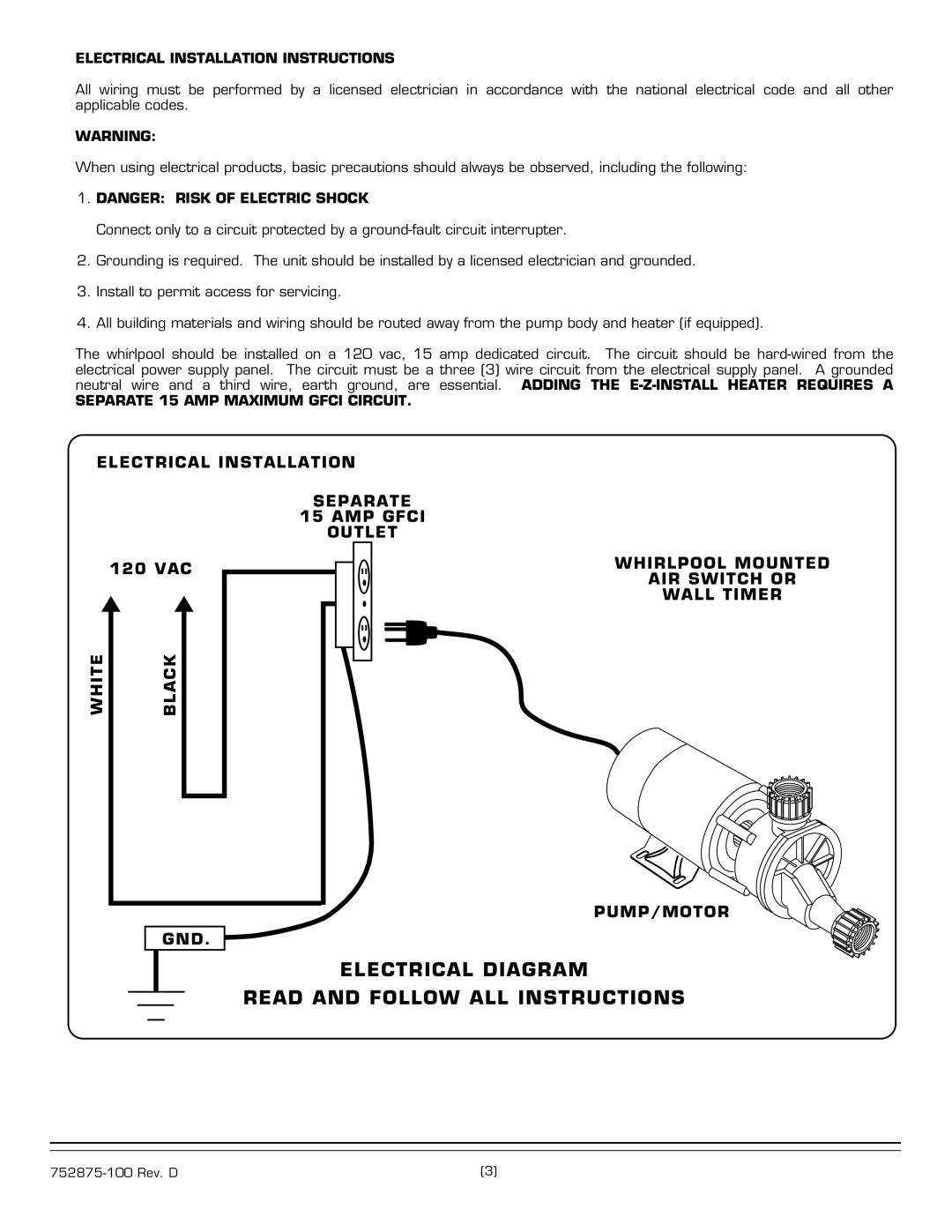 American Standard 2425E SERIES Electrical Installation Instructions, Separate 15 AMP Maximum Gfci Circuit 