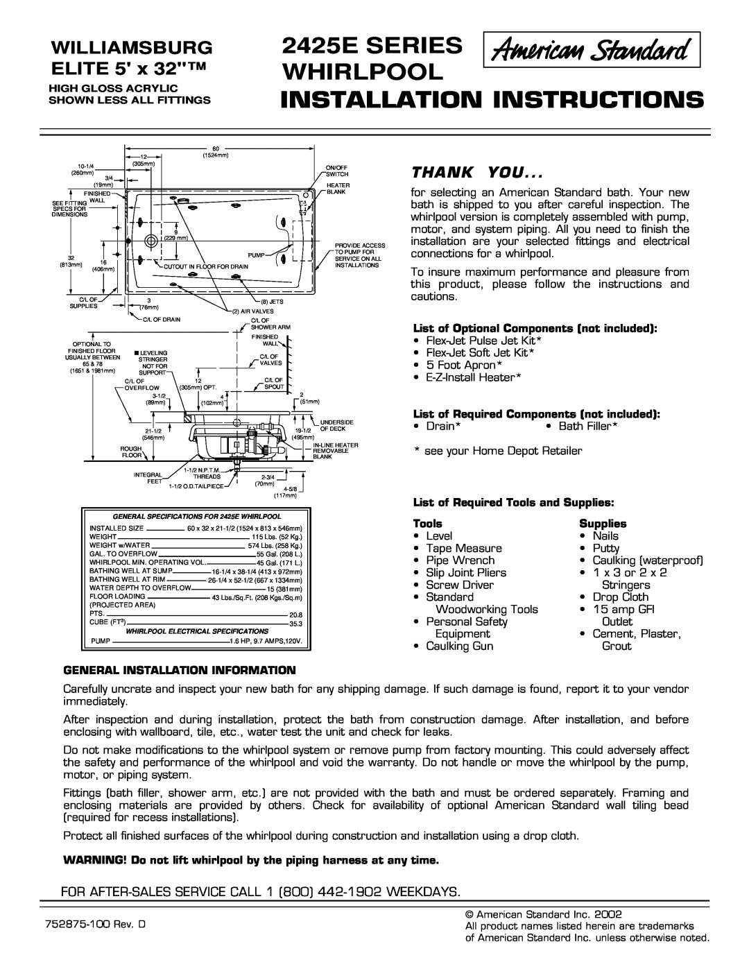 American Standard installation instructions 2425E SERIES WHIRLPOOL, Installation Instructions, WILLIAMSBURG ELITE 5 x 