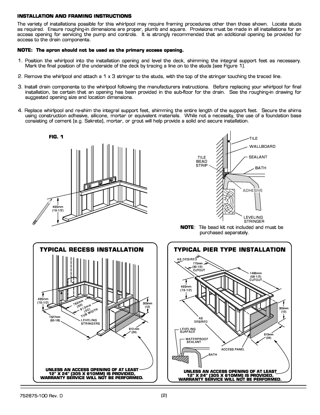 American Standard 2425E SERIES installation instructions Typical Recess Installation, Typical Pier Type Installation 