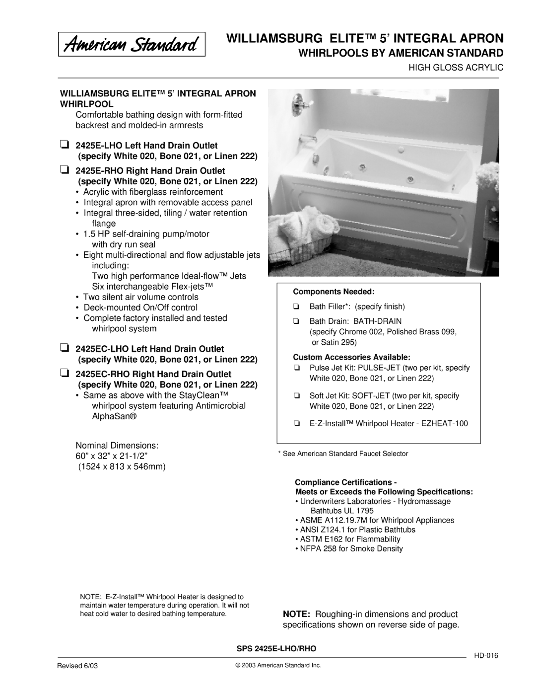 American Standard 2425EC-LHO, 2425EC-RHO dimensions Williamsburg Elite 5’ Integral Apron, Whirlpools by American Standard 