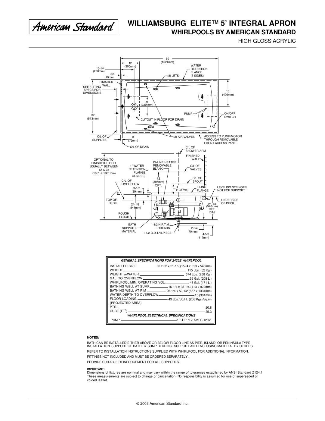 American Standard 2425EC-RHO, 2425EC-LHO General Specifications for 2425E Whirlpool, Whirlpool Electrical Specifications 